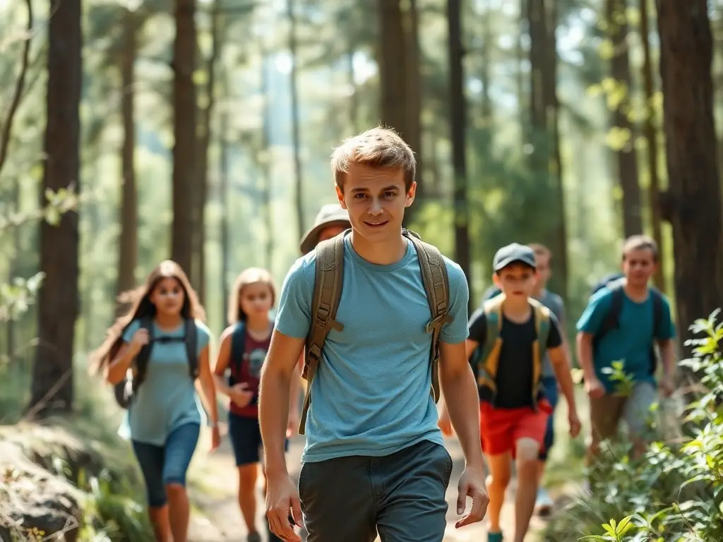 A young participant confidently leading a group through a forest trail during a RAID NATURE SUD GOELO activity, demonstrating leadership and environmental stewardship.