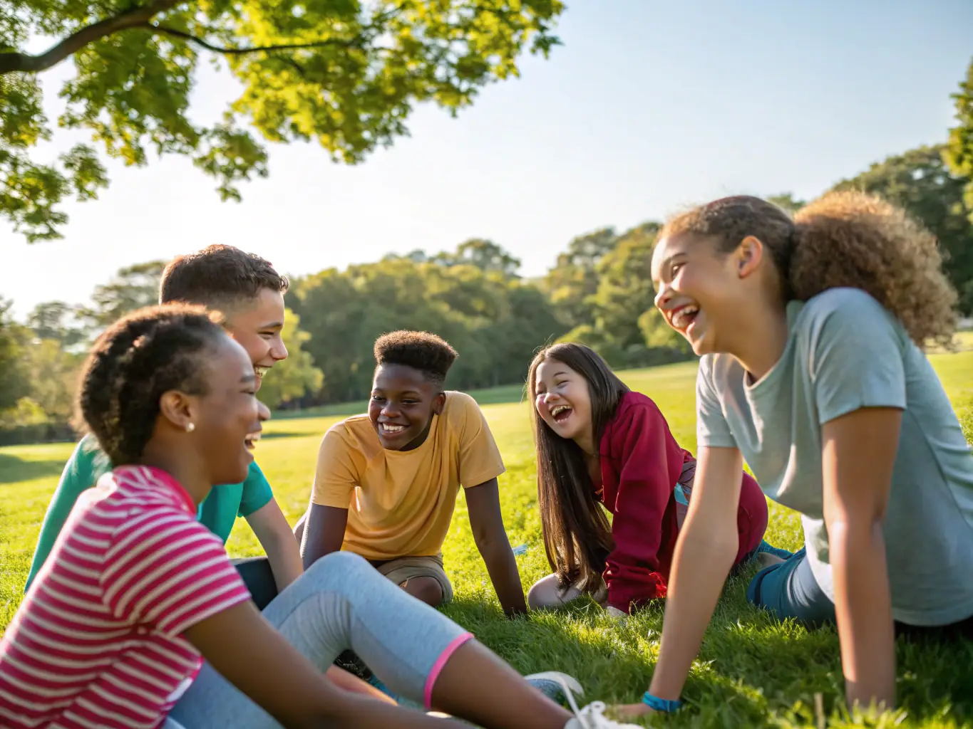 A diverse group of teenagers participating in a team-building exercise during a RAID NATURE SUD GOELO event, showcasing the organization's dedication to youth development and social inclusion.