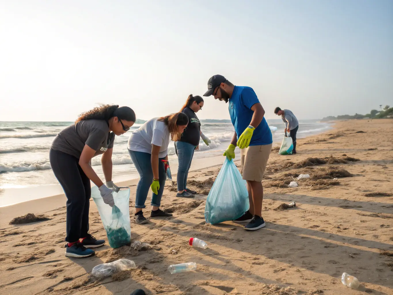 A photo of young participants working together to clean up a local beach, demonstrating RAID NATURE SUD GOELO's focus on environmental responsibility and teamwork.