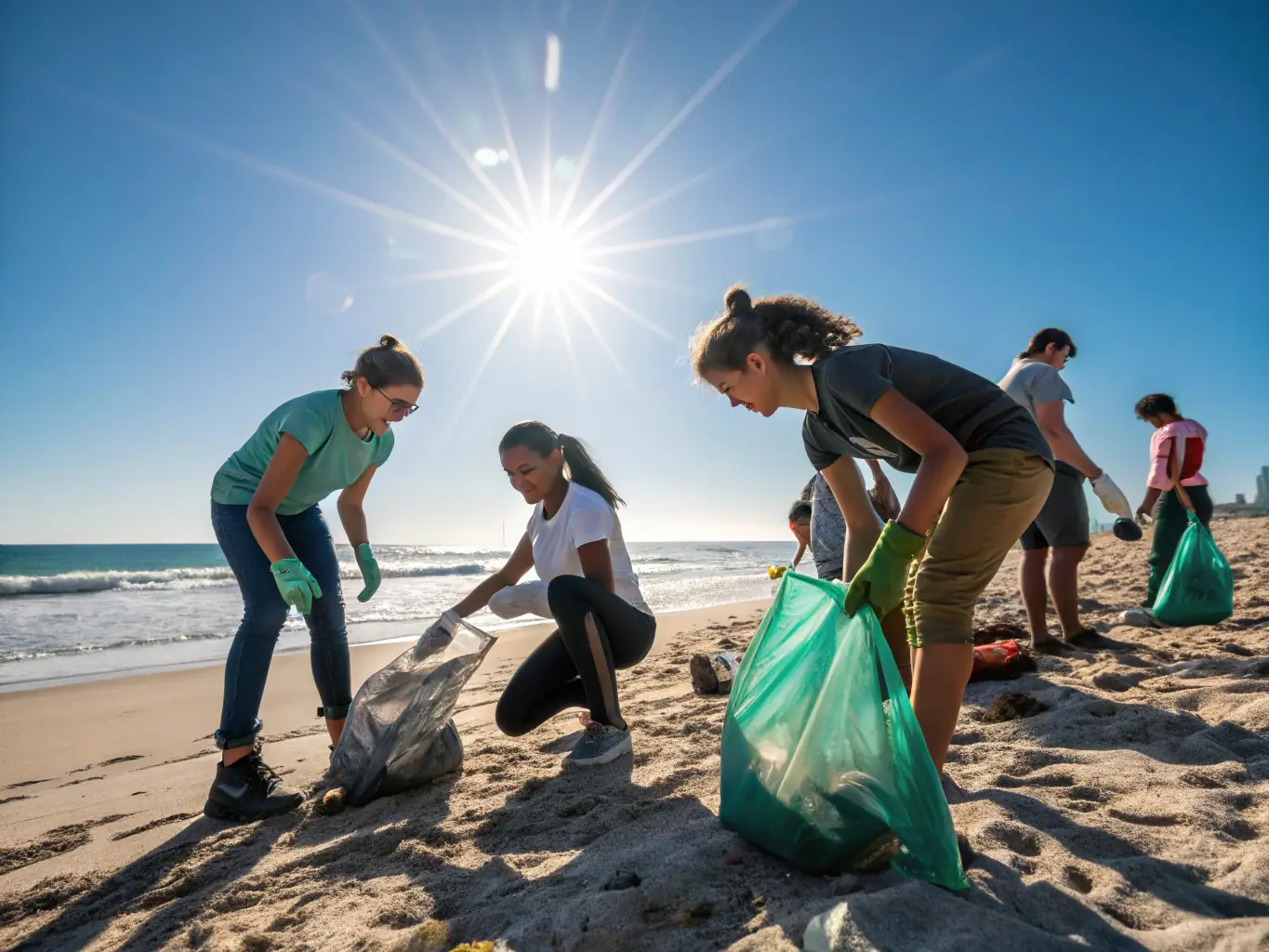 A group of young volunteers cleaning up a local beach, demonstrating their commitment to environmental stewardship and community service.