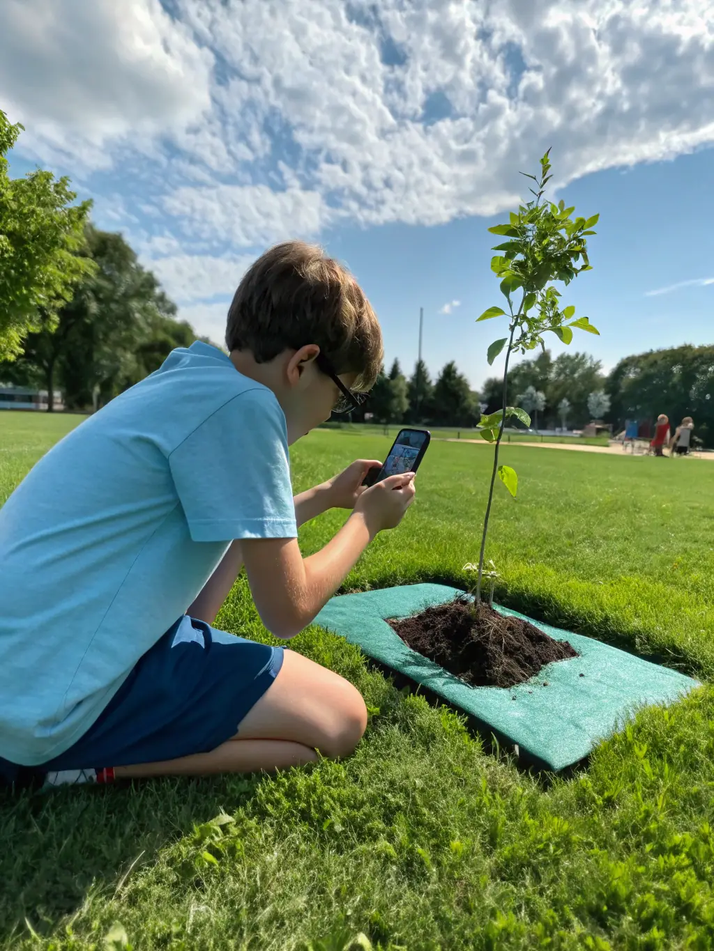 A young participant planting a tree during a RAID NATURE SUD GOELO environmental awareness activity, highlighting the organization's commitment to sustainability.