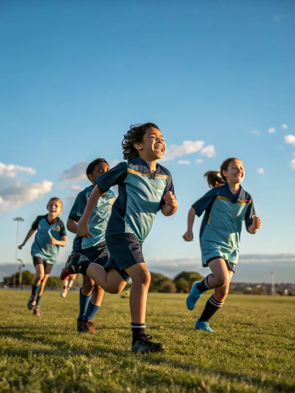 A group of children participating in an outdoor sports activity organized by RAID NATURE SUD GOELO, emphasizing fun, physical activity, and skill development.