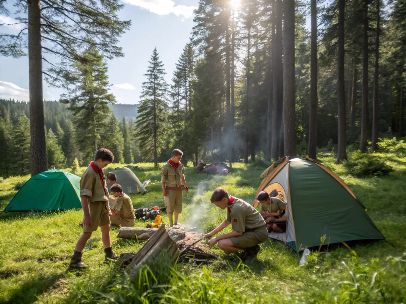 A group of diverse young people laughing and working together to set up a campsite during a RAID NATURE SUD GOELO event, showcasing teamwork and camaraderie.