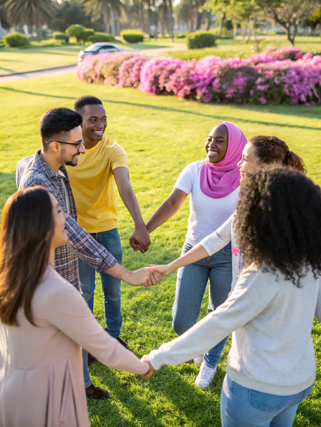 A diverse group of young adults participating in a team-building exercise during a RAID NATURE SUD GOELO event, emphasizing inclusivity and camaraderie.