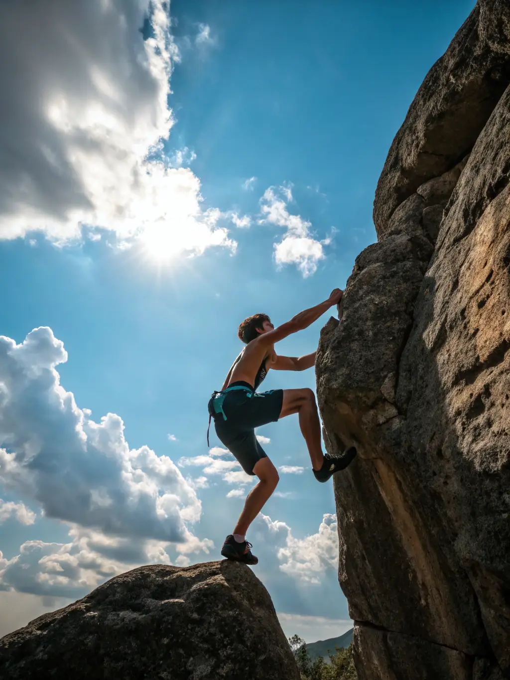 Participants engaging in a rock climbing activity, highlighting the physical challenges and personal growth opportunities offered by RAID NATURE SUD GOELO.