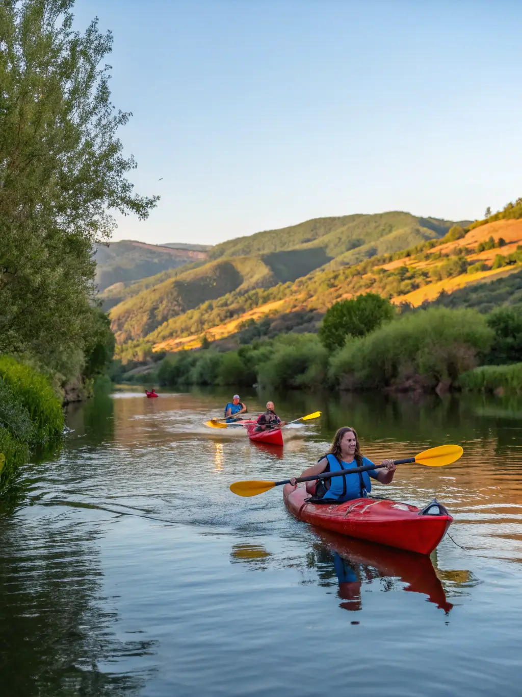A team of participants kayaking down a river during a RAID NATURE SUD GOELO event, emphasizing water sports and environmental appreciation.