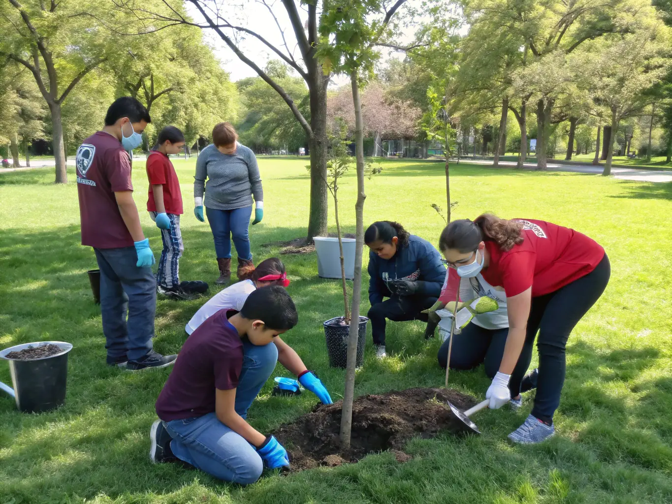 A group of smiling children planting trees in a local park, symbolizing RAID NATURE SUD GOELO's commitment to environmental conservation and community involvement.