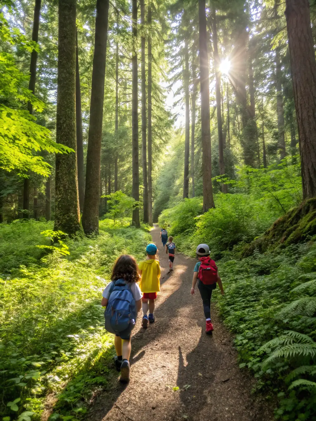 A group of young participants navigating a forest trail during a RAID NATURE SUD GOELO nature raid, showcasing teamwork and outdoor adventure.