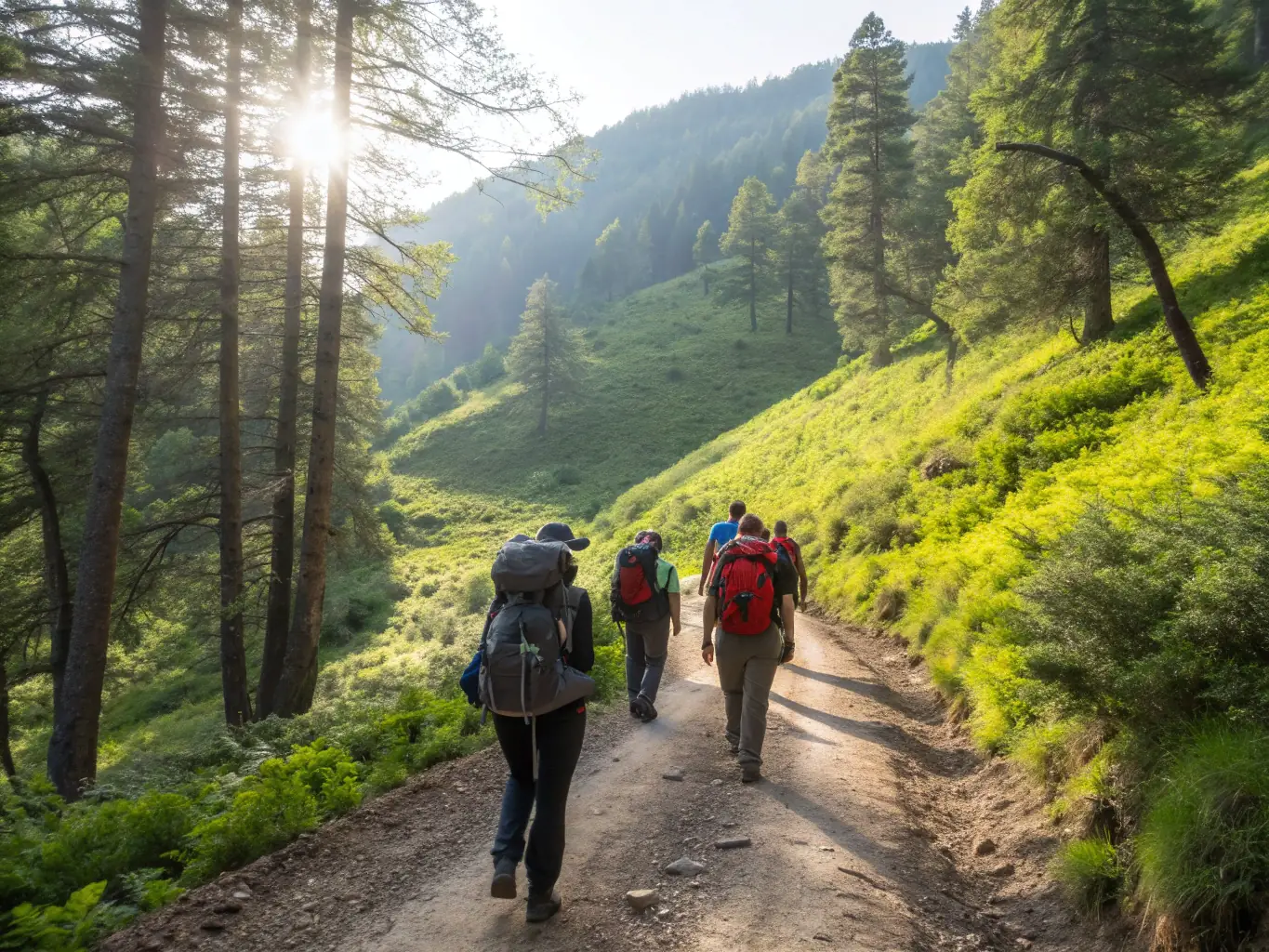 A group of young participants navigating a forest trail during a RAID NATURE SUD GOELO nature raid, showcasing teamwork and environmental exploration.