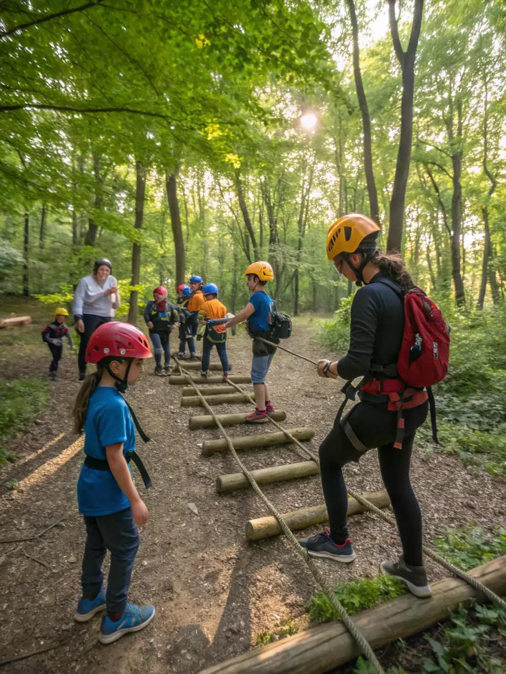 A group of young participants laughing and working together to navigate an obstacle course during a RAID NATURE SUD GOELO event, showcasing teamwork and camaraderie.